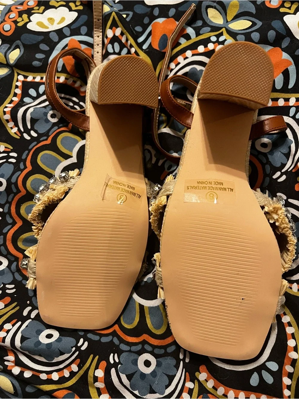 VENUS Tan Raffia Heeled Sandals with Crystal Trim
